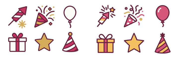 Party Icons with Fireworks, Balloons, Gifts, and Hats