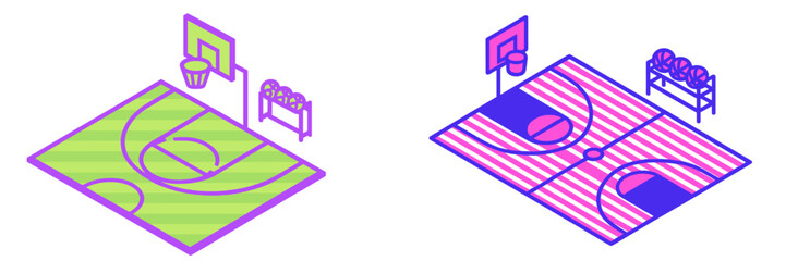 Basketball Courts with Hoops and Balls, Minimalist flat design © Mark