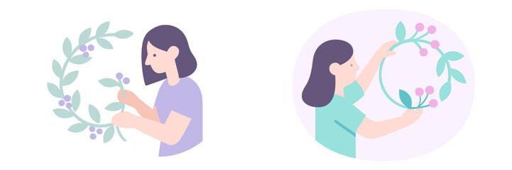 Woman crafting floral wreath with berries and leaves