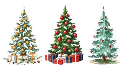 Three beautifully decorated christmas trees with snow and gifts, isolated on a white background