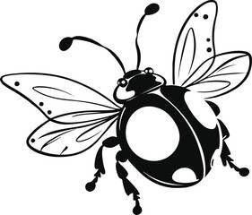  Ladybug illustration, bold line art, round body with dots and wings, playful minimal doodle style, black and white vector 2.