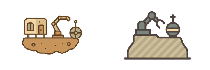 Robotic arm and habitat on alien planet surface