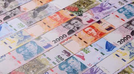 Argentina paper money, peso banknotes as currency for exchange or travel. Argentina money