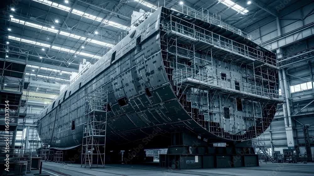 Poster side view of a massive cruiseship hull block resting on support structures framed by scaffolding and