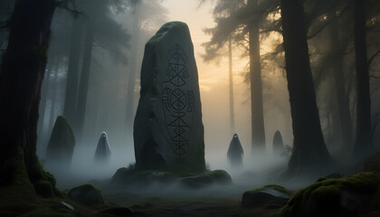 Eerie Forest with Ancient Stone Monoliths and Ghostly Silhouettes