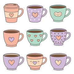 Colorful illustration of nine heart decorated coffee cups in various pastel colors and designs