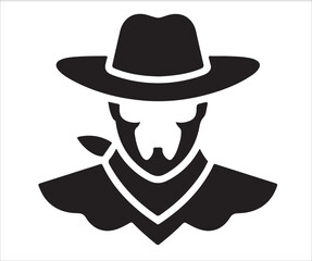 Icon of a cowboy or outlaw with a hat and bandana, representing the Wild West, adventure, and rebellious spirit.