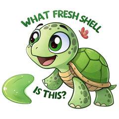 Fototapeta premium A charming cartoon turtle wonders about a misplaced piece of shell