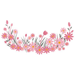 a colorful illustration of pink flowers and green grass on a white background