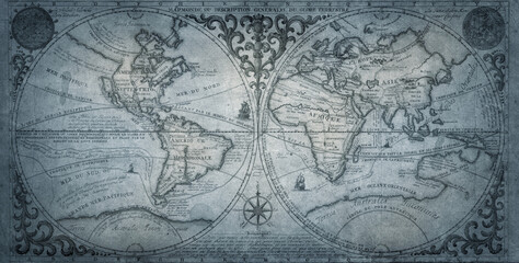 Old geographical map of the world of the 18 century. A good background for design on the theme of travel, geography, history, voyage, etc. Ancient map background.