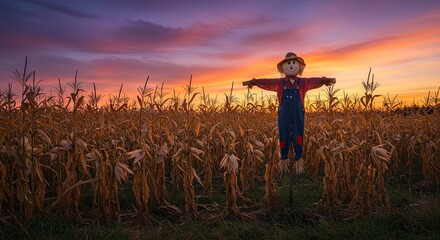 Fototapeta premium A scarecrow stands in a field of corn at sunset the colorful sky creating a vibrant backdrop