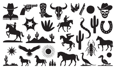 Black and White Silhouette Set of Western and Wildlife Icons including Cowboy Boot Snake and Horse Wild West Design Elements