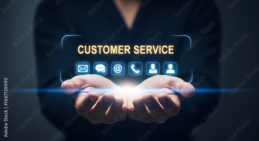 Poster hands holding glowing customer service interface with icons and text
