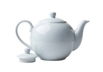 A glossy, round tea kettle in a bright, pure white hue is displayed against a stark black backdrop.