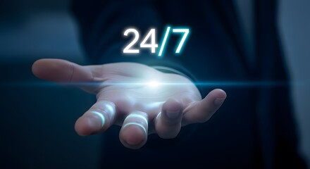 Open hand presenting glowing 24 7 service symbol in futuristic digital interface
