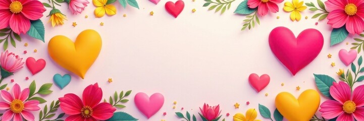 Bright pink & yellow floral hearts, Valentine's Day gift wrap design , cheerful, love