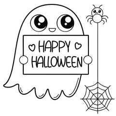 Cheerful ghost holding a Happy Halloween sign with spider and web is on white