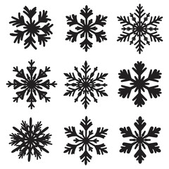 Collection of black snowflakes on white background winter elements