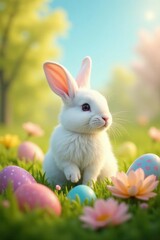 Fluffy white rabbit amidst vibrant Easter eggs and spring blooms in sunny meadow , springtime, adorable, fauna