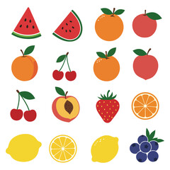 A colorful illustration of various fresh fruits on a white background