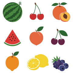 A collection of colorful fruit icons including watermelon cherries and berries