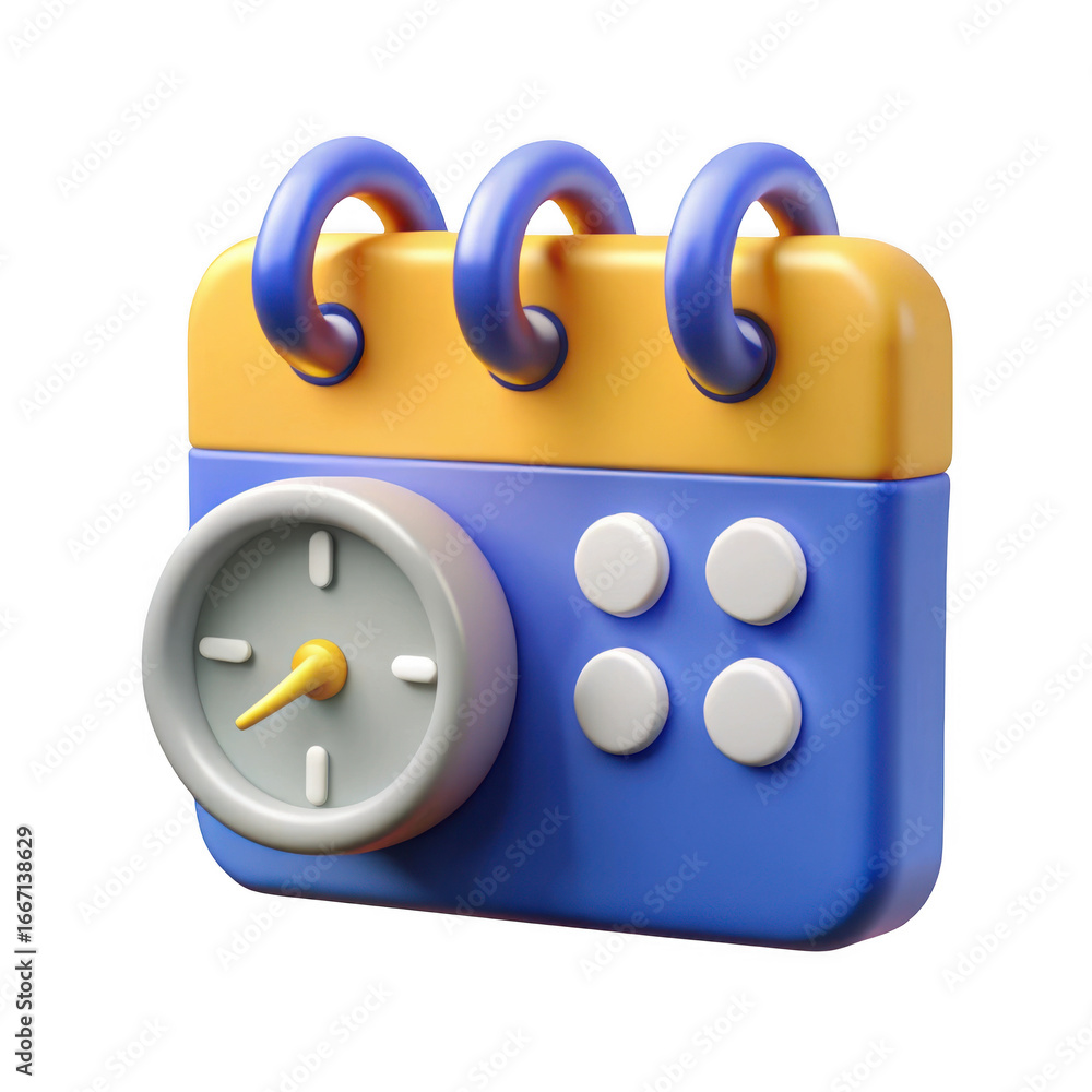 Poster 3d calendar with clock and buttons isolated on transparent background