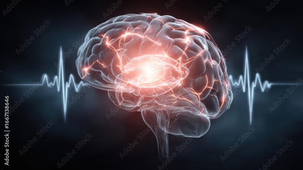 Poster a brain with red and orange lines surrounding it. the brain is surrounded by an ecg wave