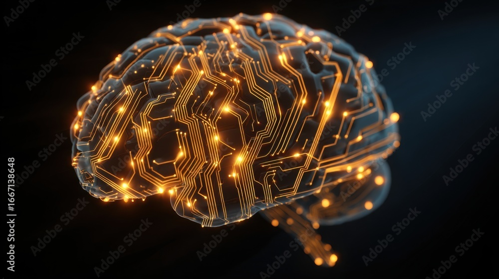 Poster a brain with a lot of wires and lights on it. the brain is glowing and it looks like it is a compute