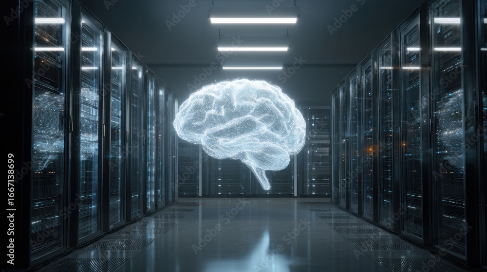 Poster a computer server room with a brain image on the wall. the image is a representation of the brain an