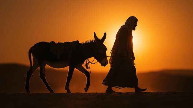 The good samaritan carrying the wounded man on a donkey at sunset, symbolizing mercy, kindness, and compassion.