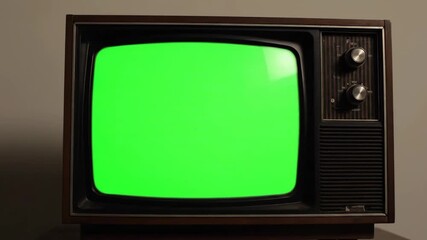 Vintage Television with Green Screen - A classic, wooden-cased television set displays a bright green screen. The television is turned on and ready for video compositing or chroma keying.