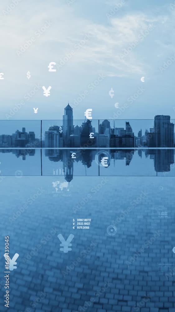 Poster business data analytic interface fly over smart city showing alteration future of business intellige