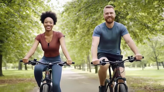 Happy Diverse Couple Biking Together on Park Path with Sunlight and Lush Green Trees - Powered by Adobe