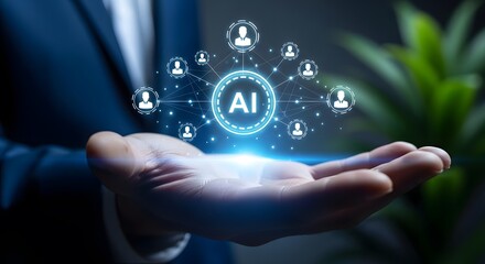 Businessman holding glowing ai network with human connections in his palm