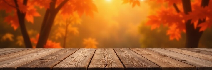 Rustic wooden table, vibrant orange autumn leaves backdrop, background, surface, fall foliage