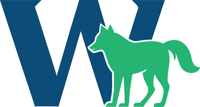 Blue letter W cleverly integrates with a green wolf silhouette in isolated format