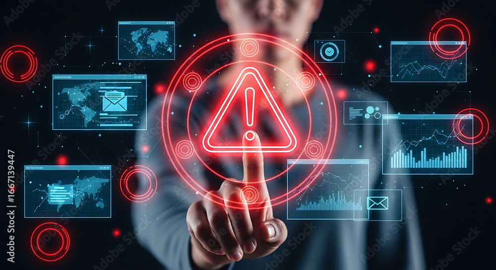Fototapete a person pointing at a red warning sign surrounded by digital interfaces and data visualizations ai 