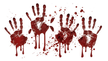 Bloody handprints with dripping blood splatters on a black and white background design element