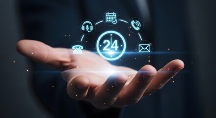 24/7 Customer Support and Communication Concept with Digital Interface in Businessman’s Hand