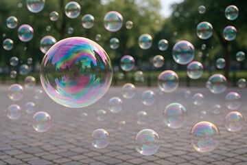 Naklejka premium Bubbles of various sizes floating in a park during a sunny afternoon