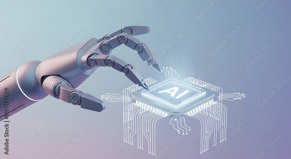 Poster a robot hand interacting with an ai chip on a light blue gradient background in a futuristic style a