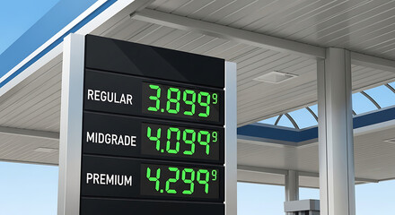 Fototapeta premium Gas station sign displaying prices for regular, midgrade, and premium fuel, with prices shown in green digital numbers against a black background, under a blue and white canopy