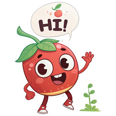 Obraz premium Cheerful Cartoon Fruit Character Waving Hello with Speech Bubble and Sprout