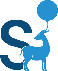 Blue antelope stands near a letter S while holding a balloon; transparent background