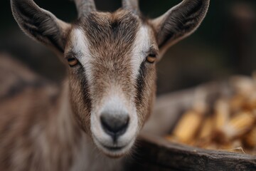 Close-up of a brown goat with expressive eyes, standing near a wooden trough filled with feed, showcasing the animal's unique features and farm environment