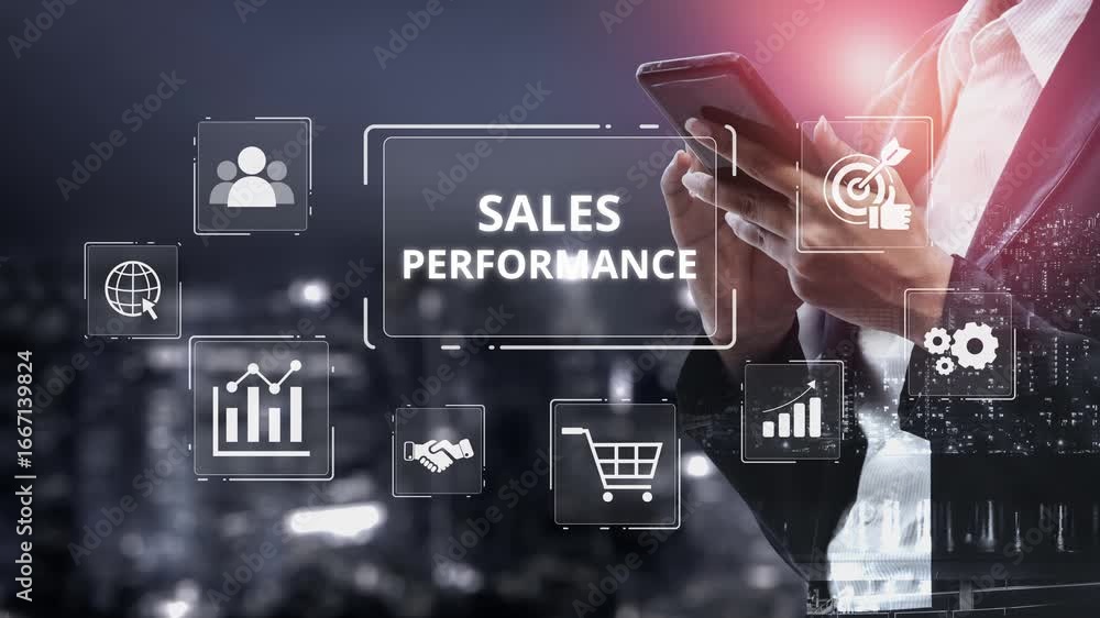 Poster digital sales performance dashboard showing sales performance metrics, performance trends, sales per