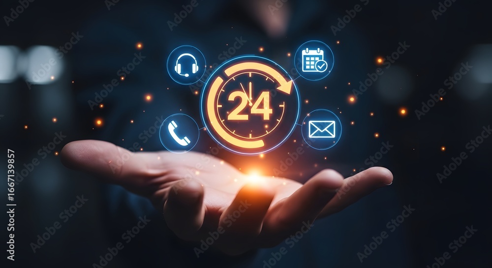 Poster customer service 24 hour support with digital icons floating above open hand
