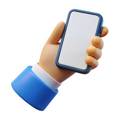 3d cartoon hand holding smartphone isolated on transparent background