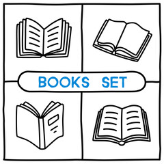 Doodle open book icons set hand drawn with black line in freehand style. Vector illustration isolated on white background