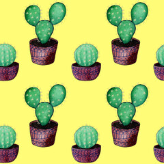 Seamless aqua pattern. Image of cacti on a yellow background for coloring fabrics, wallpaper, wrapping paper and much more.
